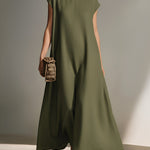 Women's Olive Green Textured Dress With Mock Neck & Sleeveless Silhouette, Timeless Minimalist-Elegant Style Dress