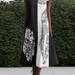 Loose Sleeveless Asymmetric Contrast Color Printed Round-Neck Maxi Dresses