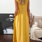 V Neck Lapel Button Down Maxi Dress Sleeveless Casual Beach Long A Line Shirt Sundress