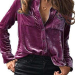 Women'S Retro Velvet Pocket Long Sleeve Shirt