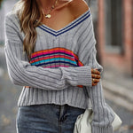 Striped Contrast V-Neck Dropped Shoulder Sweater