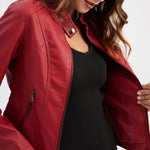 Stand Up Collar Solid Faux Leather Jacket