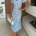 Jodie Flower Lace Sweet Heart Neck Short Sleeve Fishtail Midi Dress