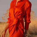 Long Sleeves Loose Solid Color Lapel Collar Maxi Shirt Dresses
