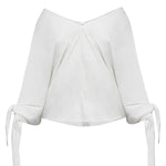 Joyful Bond Linen Blend V-neck Knotted Cuff Half Sleeve Loose Top