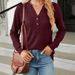 Solid Color V-Neck Button Loose Long Sleeve T-Shirt Top