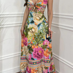 Mexico Style Tropical Print Ring Cutout Lace-up Vacation Maxi Dress