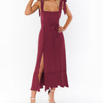Tie-straps Ruffled Square Collar Sleeveless Slit Mid-length Dress