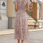V Neck Short Sleeves Smocked Tiered Mauve Floral Maxi Dress
