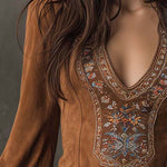 Vintage Suede Embroidered Mini Dress With Long Sleeves