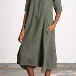Round Neck Half Sleeve Long Solid Color Casual Cotton Linen Dress