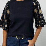 Black Star Sequin Patched Half Sleeve Blouse