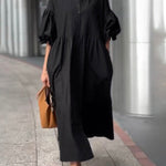 Half Sleeves Loose Buttoned Pleated Solid Color Tied Waist Stand Collar Maxi Dresses