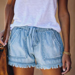 Nadorine Denim Shorts Casual Drawstring Elastic Waist Summer Frayed Tencel Short Jeans With Pockets