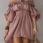 Off-the-shoulder Linen High-low Hem Midi Dress With Ruffles