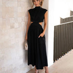 Stand Collar Solid Color Hollow Waist Long Dress