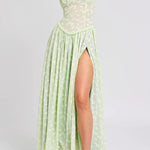 Ulissa Light Green Square Neck Jacquard Textured High Slit Maxi Dress