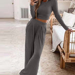 Two Pieces Sets Long Sleeve Crop Thread Top Casual High Waist Wide Leg Pants