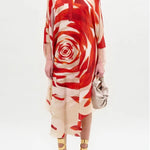 Half Sleeves Loose Flower Print Tied Round-Neck Midi Dresses