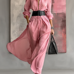 Women's Solid Color Lapel Long Sleeve Single Breasted Belt Maxi Shirt Dress