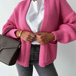 Solid Color V-neck Long-sleeved Casual Knitted Cardigan