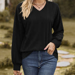 V-Neck Solid Color Twisted Knit Long Sleeve Loose T-Shirt Tops