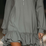 Casual Loose Fashion Zipper V-neck Long Sleeve Lotus Leaf Hem Gray Mini Dress