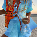 Beetle Print Loose Buttoned Elastic Waist Shorts Set