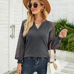 Nadorine V Neck Tops Solid Color Blouse Long Sleeve Pullover Lace Patchwork Shirt