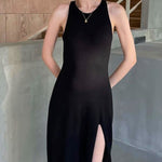 Summer A-Line Knitted Midi Dress Women Sleeveless Solid Sexy Long Dress