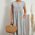 Round Neck Short Sleeve High Waist Dresses Solid Color Casual Holiday Beach Party Sundress