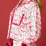 Christmas Printed Velvet Lace-up Long-sleeve Pocket Top and Elastic Waist Wide-leg Pants Set
