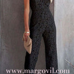 Margovil V Neck Waisted Wide Leg Cami Lace Jumpsuit