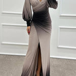 Julieta Gradient Print Boat Neck Off Shoulder Gem Detail Slit Gown Maxi Dress