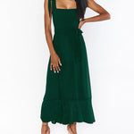 Tie-straps Ruffled Square Collar Sleeveless Slit Mid-length Dress