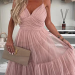 Romantic Movie Tulle Ruched Tiered Hem Slip Maxi Dress