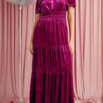 Red Dahlia Velvet Short Sleeve Shirred Waist Tiered Maxi Dress