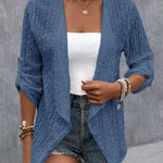 Long Sleeves Loose Buttoned Hollow Jacquard Solid Color Collarless Outerwear