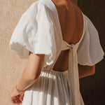 Puff Sleeve Deep V-Neck Open Back Tie Elegant Long Dress
