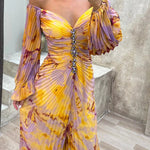 Sunset Serenade Printed Off Shoulder Diamond Embellished Pleated Slit Maxi Dress
