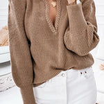 Brown Braided Notched V Neckline Puff Sleeve Knitted Sweater