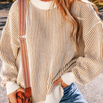 Bright Pink Striped Contrast Trim Loose Sweater