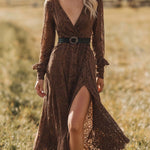 Elegant Brown Lace Front Slit Long Sleeve Maxi Dress