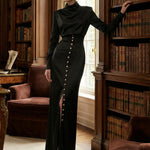 Split-Joint Heaps Collar Long Sleeves Pleated Blouses&Shirts Tops + Elasticated Waist Asymmetric Buttoned  Contrast Color Split-Side Zipper Skirts Bottoms Two Pieces Set