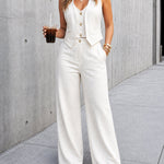 Women's Two Piece Outfits Faux Two Piece Sleeveless Crop Top and High Waisted Wide Leg Pants Elegant Matching Suit