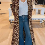 Leopard Print Long Sleeve Pocket Casual Maxi Trench Coat