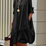 Long Sleeves Loose Solid Color Lapel Collar Midi Dresses Shirt Dress