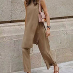 Summer Loose Casual Sleeveless Round Neck Split Blouse Wide Leg Pants Set