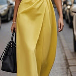 Loose Short Sleeves Pleated Solid Color Split-Joint Round-Neck Midi Dresses