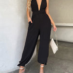 Nadorine Women's Crisscross Tie Backless Halter Jumpsuit Deep V Neck Sleeveless Jumpsuits